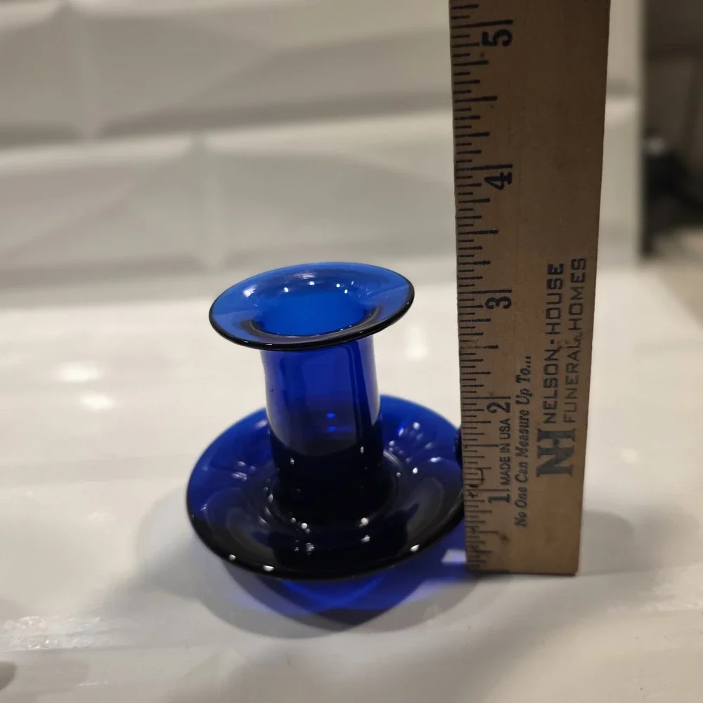 Vintage Hand Blown Cobalt Blue Art‎ Glass Finger Loop Handle Candlestick Holder